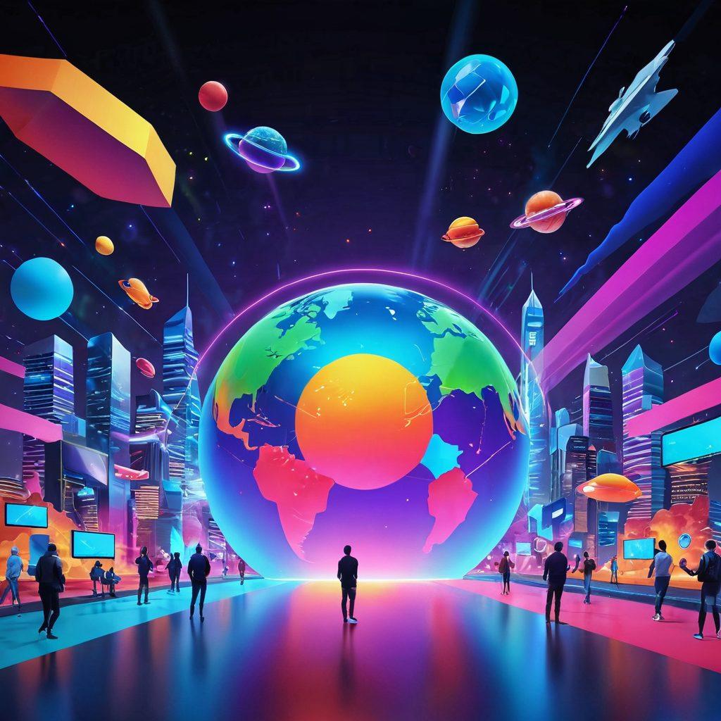 A vibrant digital landscape showcasing diverse individuals from around the globe collaborating on creating content in a virtual environment. Highlight various forms of user-generated content like videos, artwork, and blogs floating in the air, symbolizing creativity and interaction. Use bright colors to represent engagement and dynamic energy, with futuristic elements like holographic displays and technology. super-realistic. vibrant colors. 3D.