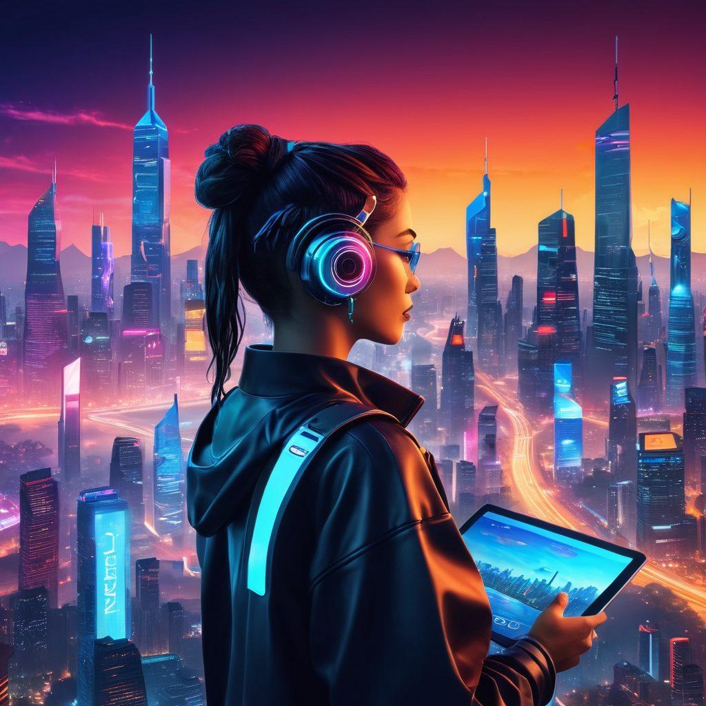 A futuristic digital landscape illustrating a vibrant online magazine interface integrated with virtual community elements, featuring diverse avatars engaging with immersive content like articles, videos, and social interactions, all set against a glowing city skyline in the background. The colors should be bright and dynamic to showcase innovation and connectivity. cyberpunk. vibrant colors. 3D.